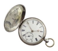 Victorian silver full hunter English lever fusee pocket watch, No. 31818, engraved balance cock with