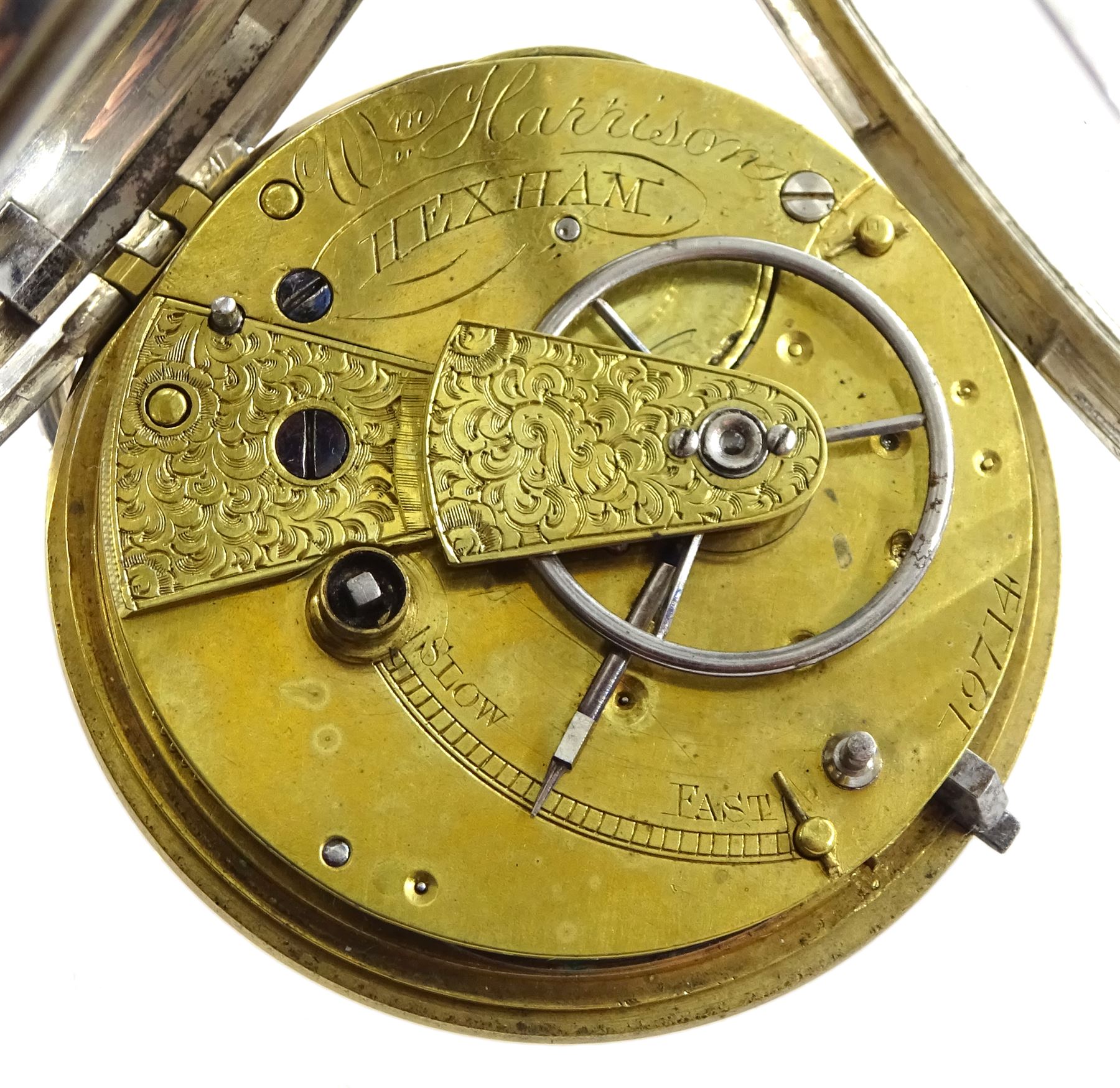 Victorian silver open face fusee pocket watch by William Harrison, Hexham, No. 19714, silver dial wi - Image 4 of 7
