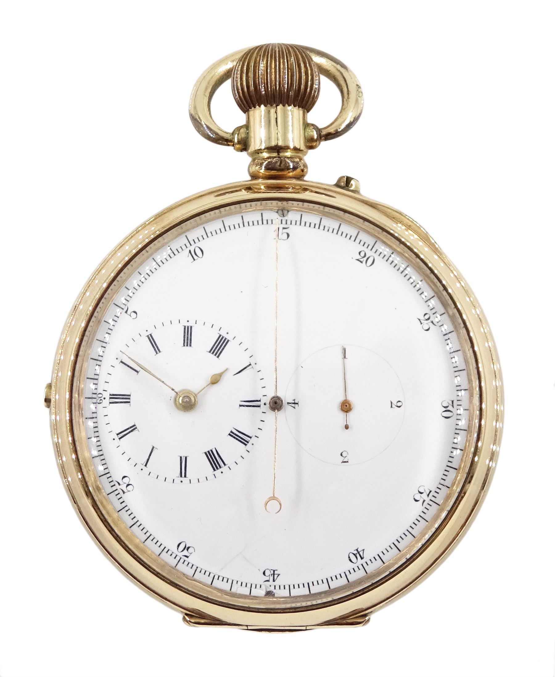 Gold-plated open face keyless lever diablotine chronograph pocket watch, white enamel dial with cent