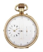 Gold-plated open face keyless lever diablotine chronograph pocket watch, white enamel dial with cent