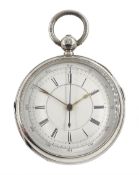 Victorian silver key wound chronograph pocket watch No. 94635, white enamel dial with Roman numerals