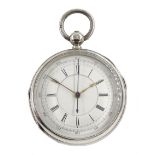 Victorian silver key wound chronograph pocket watch No. 94635, white enamel dial with Roman numerals