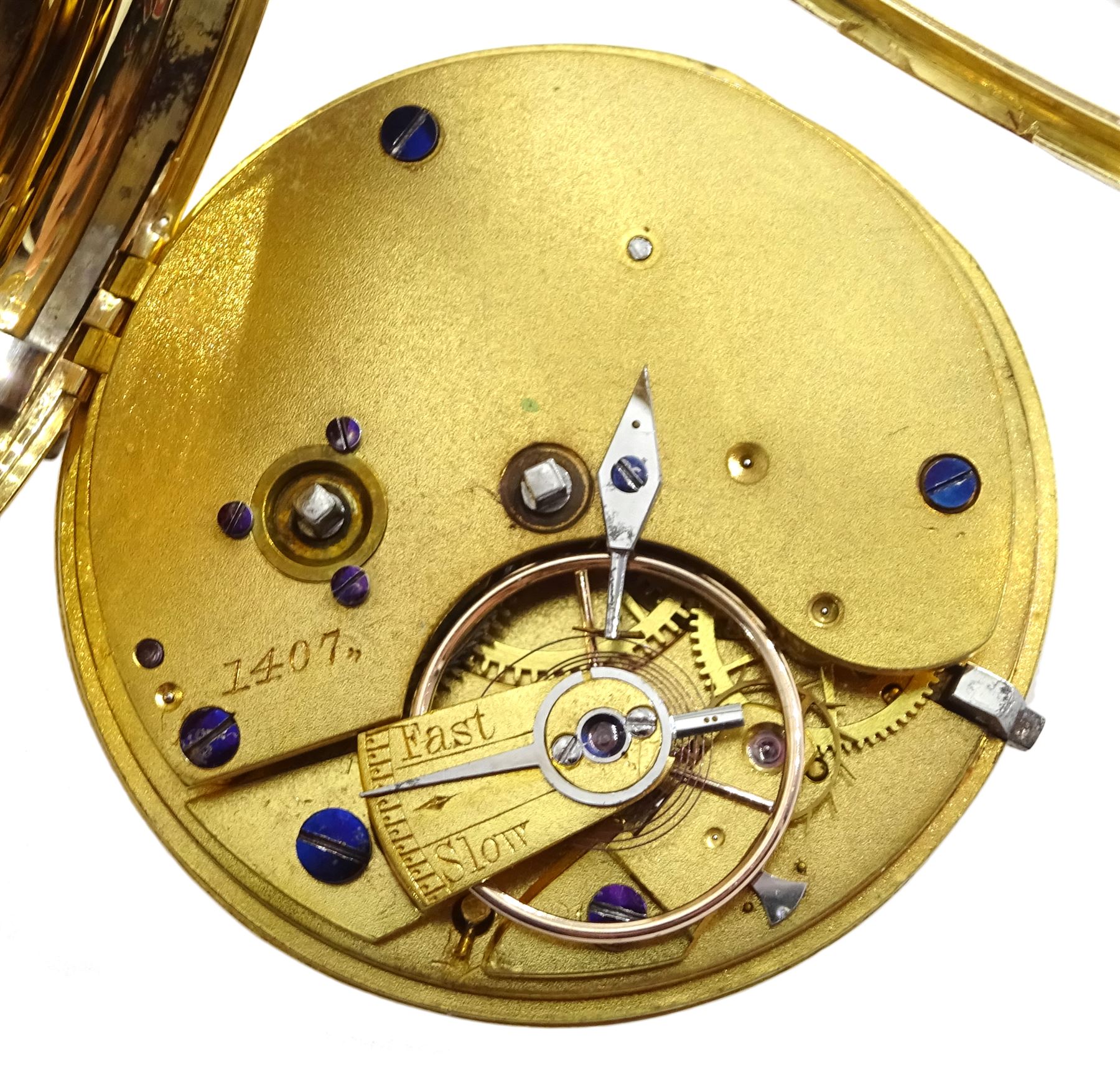 Victorian 18ct gold open face ladies English lever fusee pocket watch No. 1407, gilt dial with Roman - Image 3 of 6