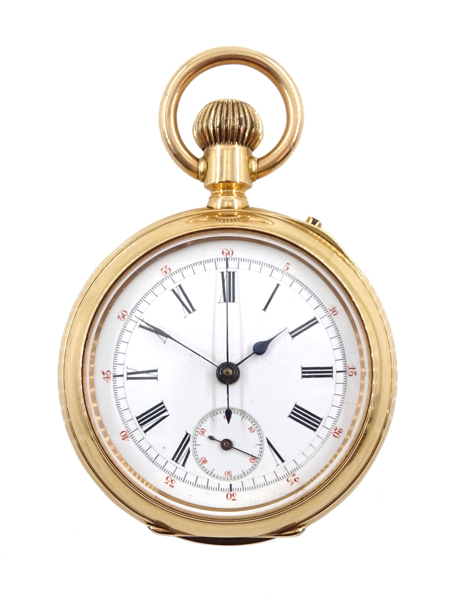 Swiss 18ct gold open face keyless lever chronograph pocket watch, case No. 7967, skeleton dust cover