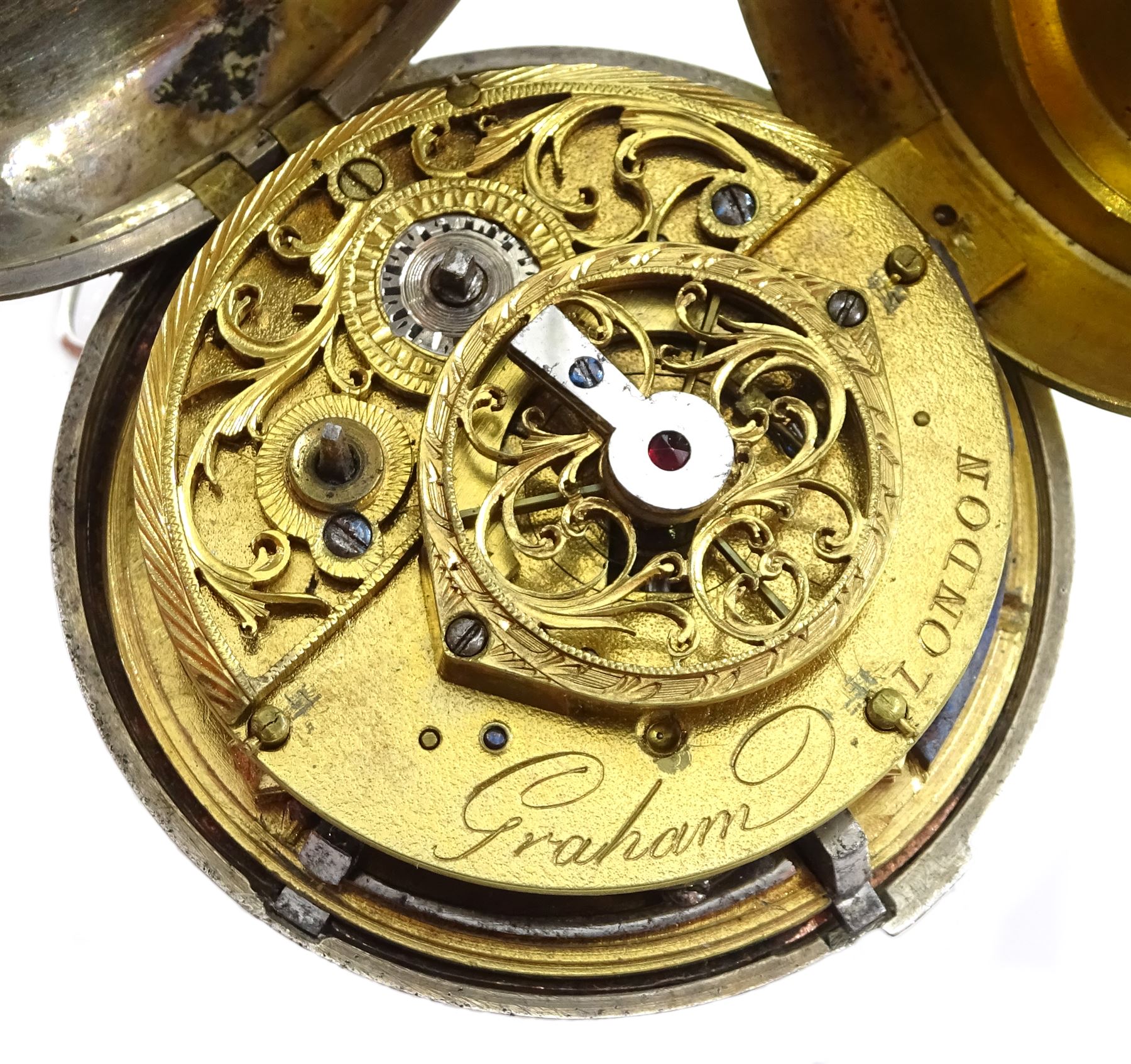 18th century silver and tortoiseshell quadruple cased verge fusee pocket watch by Graham, London, sq - Image 4 of 14