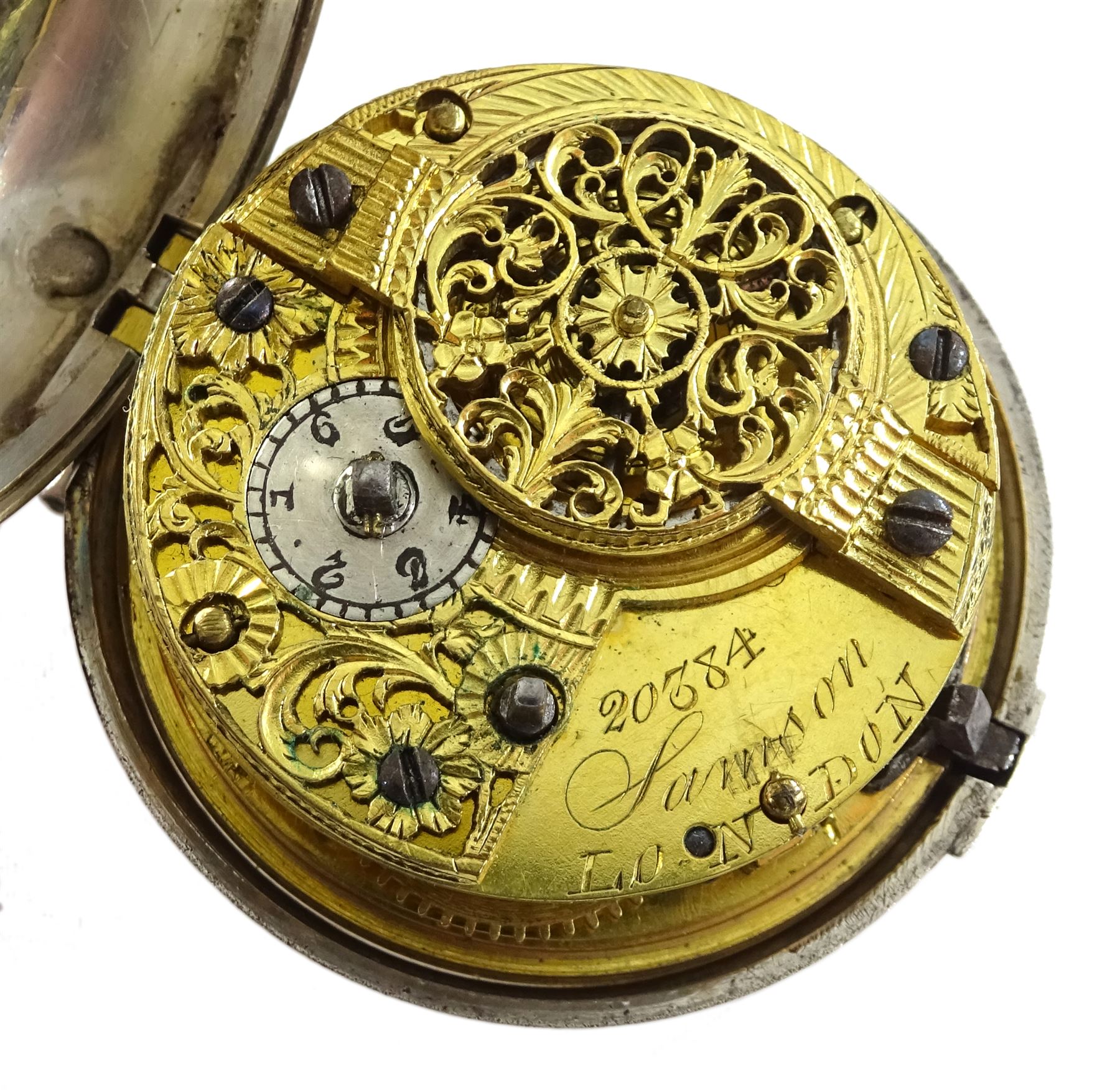 George III silver repousse pair cased verge fusee pocket watch by Samson, London, No. 20384, square - Image 6 of 8