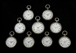 Nine 19th/early 20th century ladies silver key wound cylinder fob and pocket watches, white enamel d
