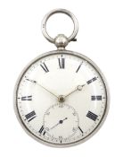 William IV silver open face English lever fusee pocket watch, engraved balance cock decorated with a