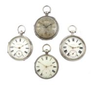 Four Victorian silver open face lever pocket watches, one by W. Hird, Barrow another by J.W. Johnsto