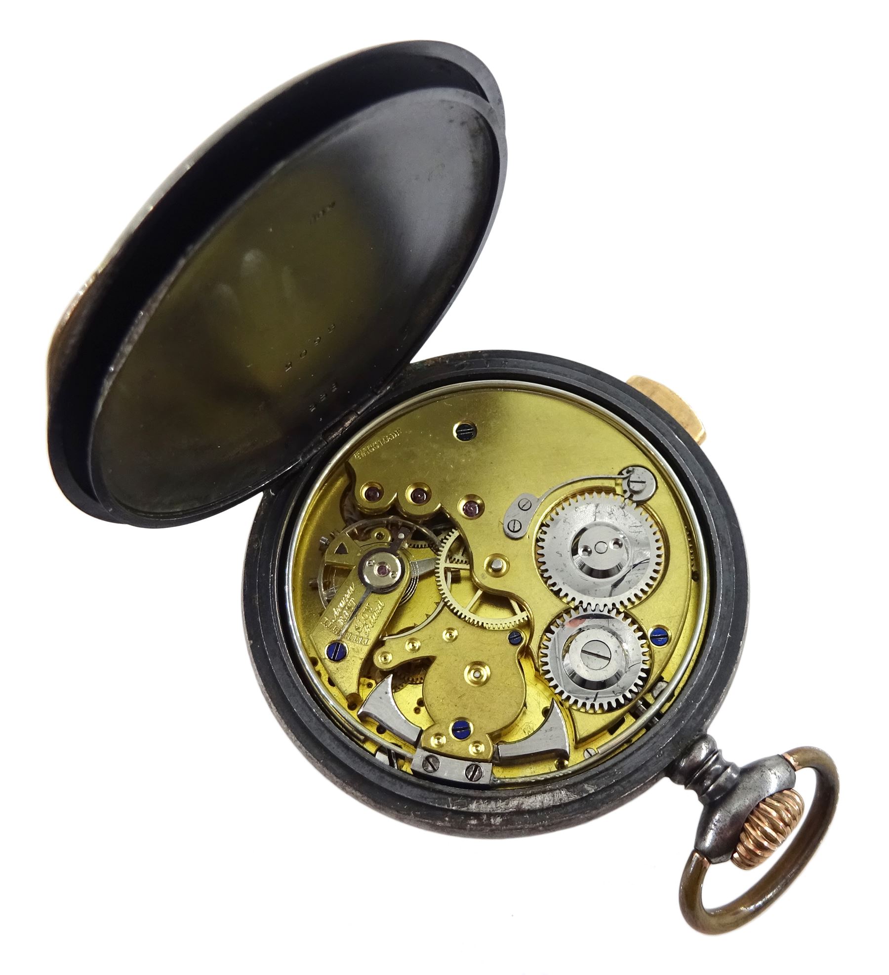 Early 20th century gun metal open face keyless quarter repeating Swiss lever pocket watch, plunge re - Image 3 of 5