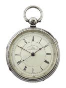 Victorian silver open face centre seconds, key wound chronograph pocket watch, No. 32109, white enam