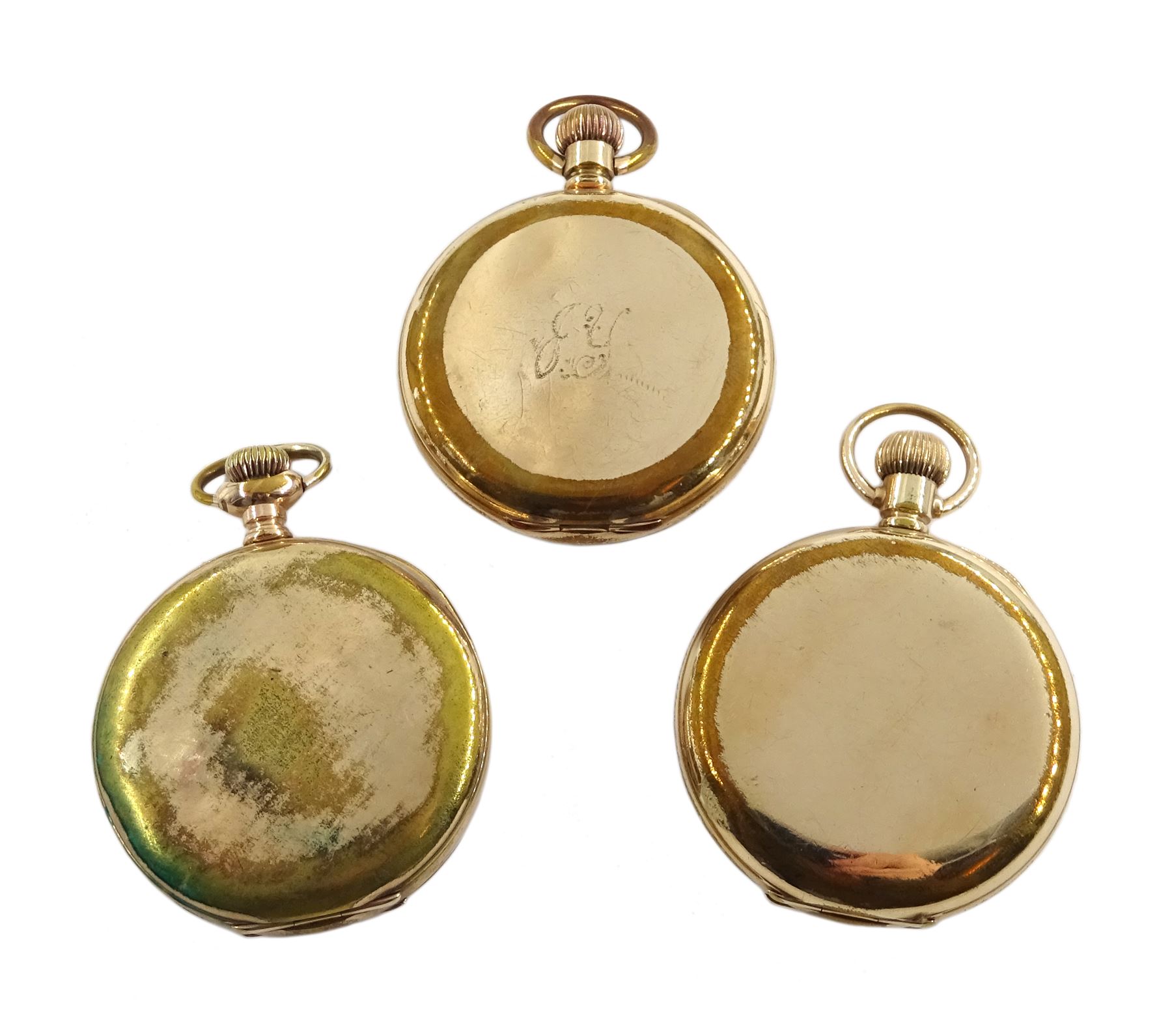 Two gold-plated full hunter keyless lever pocket watches and one open face lever pocket watch, all b - Image 2 of 3