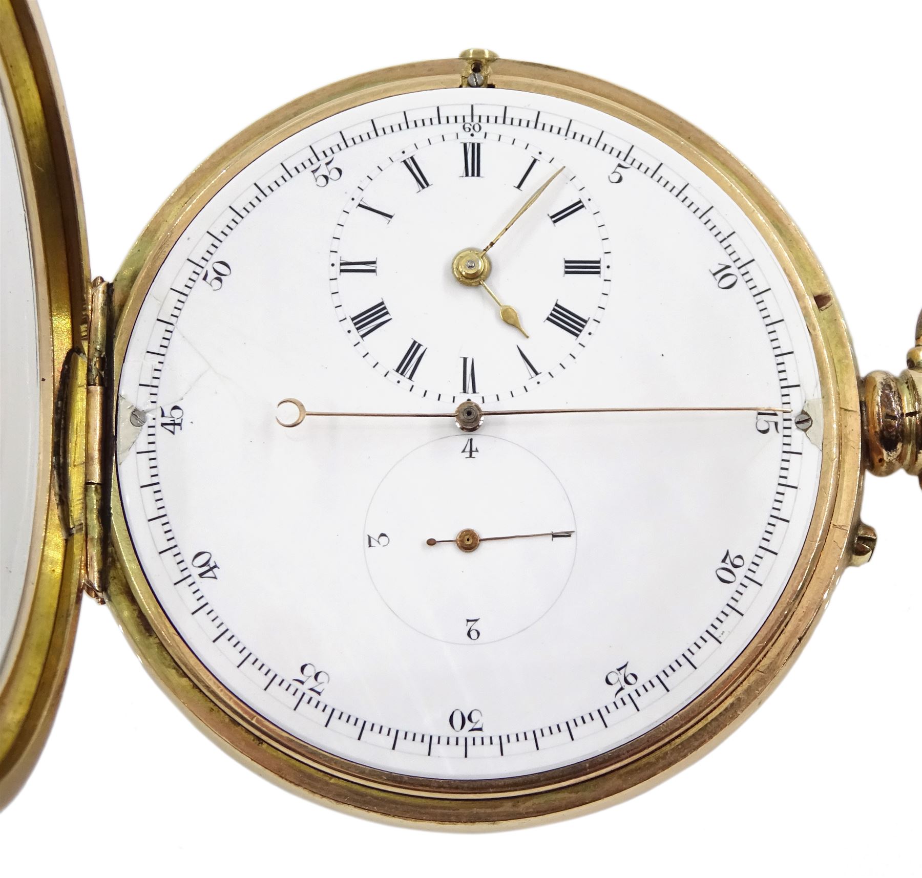 Gold-plated open face keyless lever diablotine chronograph pocket watch, white enamel dial with cent - Image 2 of 4