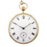 18ct gold open face key wound quarter repeating cylinder pocket watch, the gilt dust cover signed 'E
