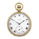 9ct gold open face Swiss lever, 15 jewels keyless pocket watch by J W Benson, London, white enamel d