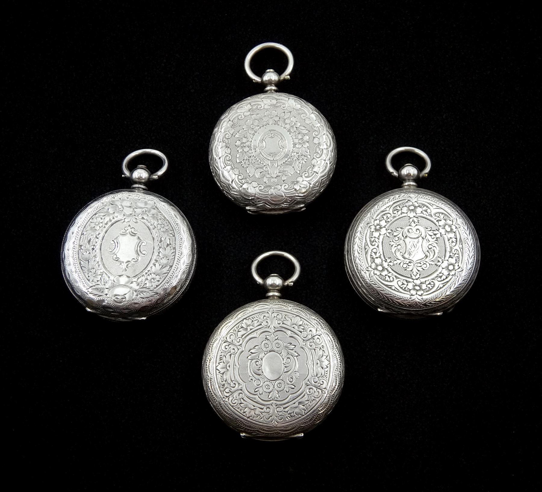 Four 19th/early 20th century silver open face ladies cylinder pocket watches, white enamel and silve - Image 2 of 2