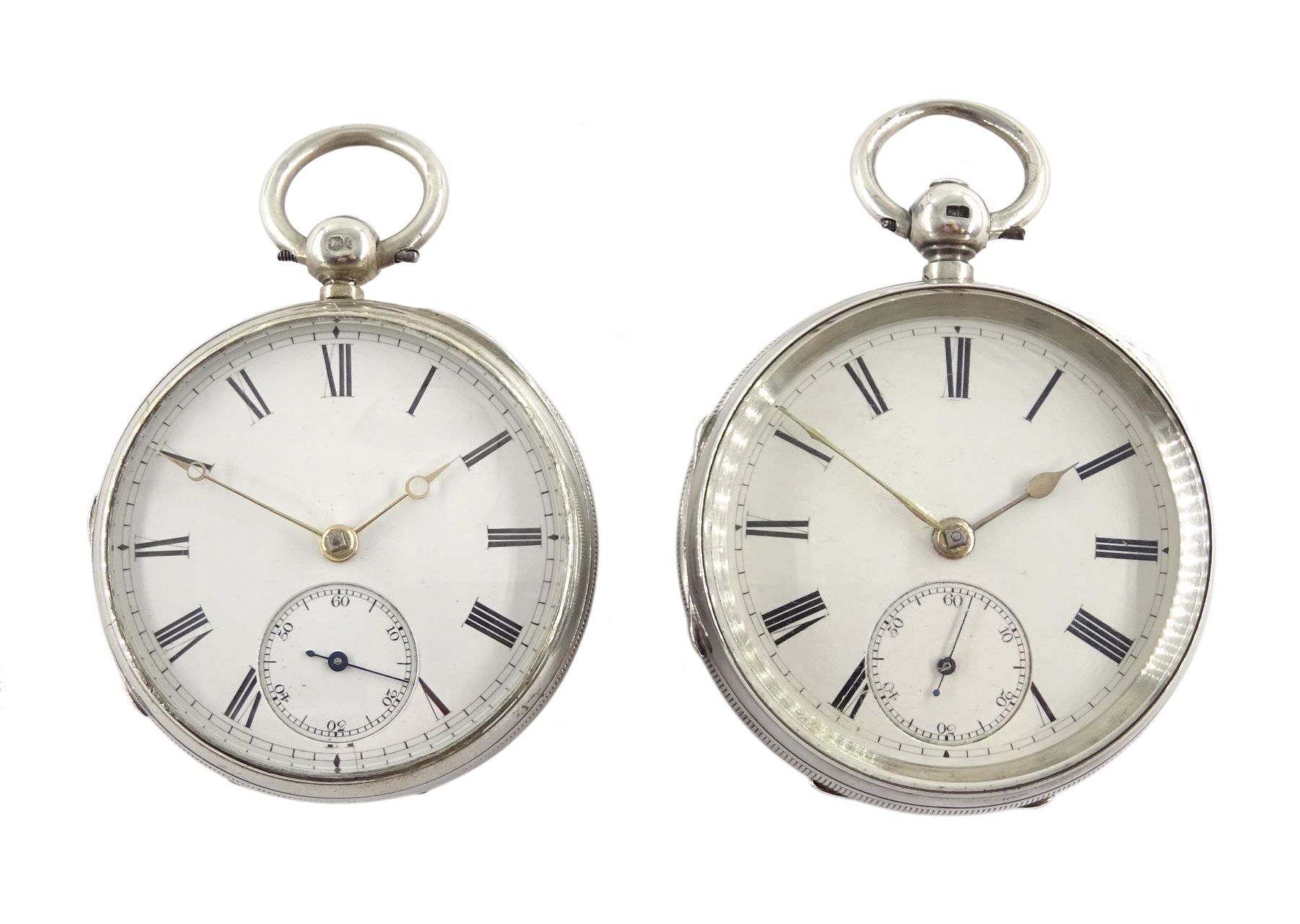 Two Victorian silver open face English lever fusee pocket watches, white enamel dials with Roman num