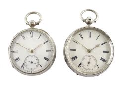 Two Victorian silver open face English lever fusee pocket watches, white enamel dials with Roman num