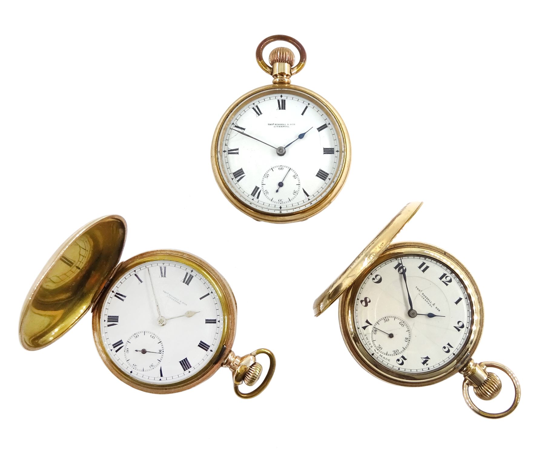 Two gold-plated full hunter keyless lever pocket watches and one open face lever pocket watch, all b