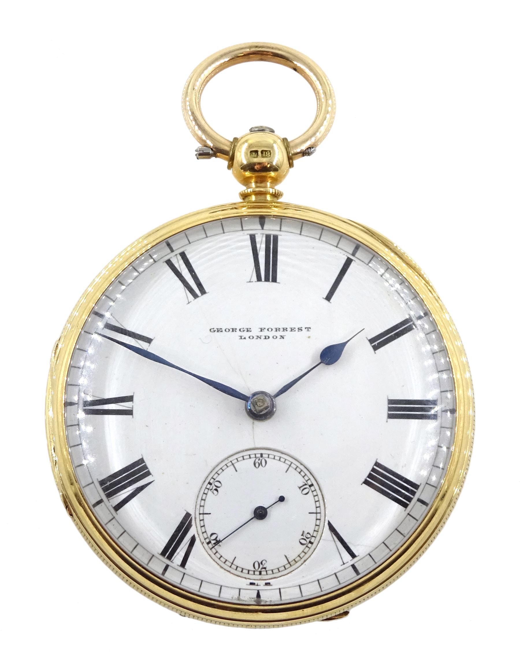 Victorian 18ct gold open face English lever fusee pocket watch by John George Forrest, London & Aber