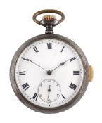 Early 20th century gun metal open face keyless quarter repeating Swiss lever pocket watch, plunge re