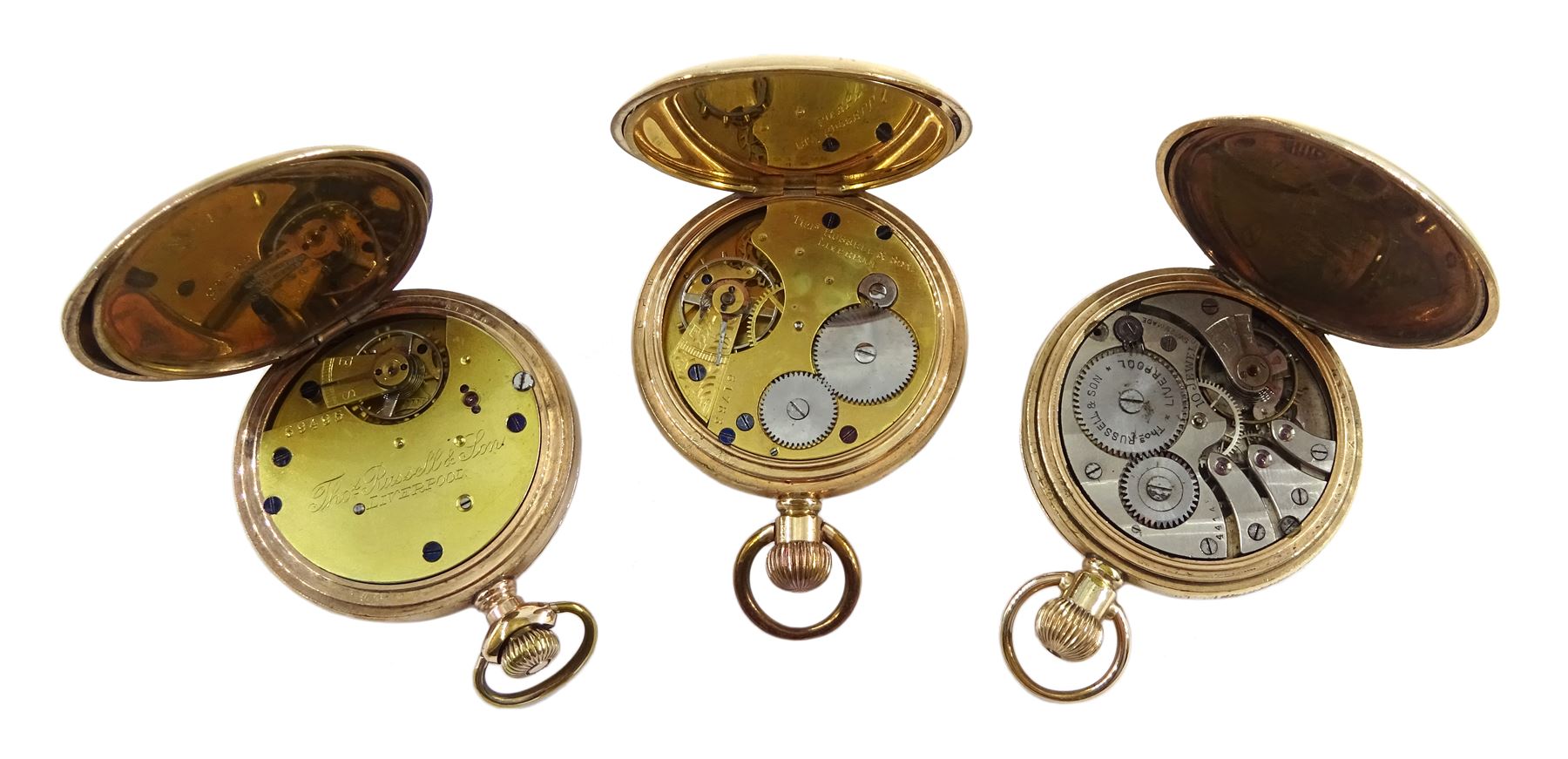 Two gold-plated full hunter keyless lever pocket watches and one open face lever pocket watch, all b - Image 3 of 3