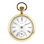 American gold-plated open face, 17 jewels keyless pocket watch by Waltham, No.15607264, white enamel