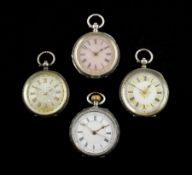 Four silver open face Swiss ladies silver cylinder fob watches, three key wound and one keyless, ena