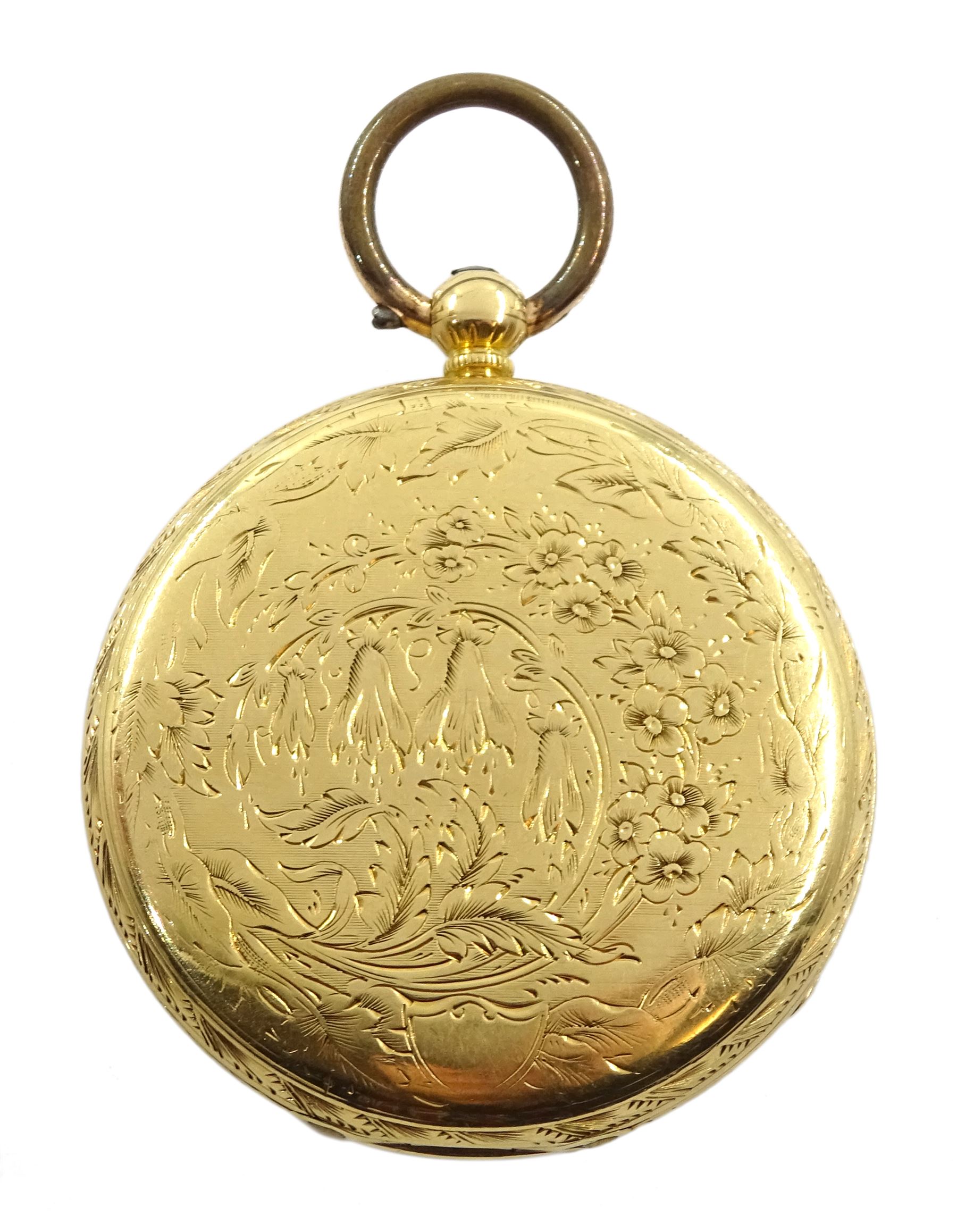 Victorian 18ct gold open face ladies English lever fusee pocket watch No. 1407, gilt dial with Roman - Image 2 of 6