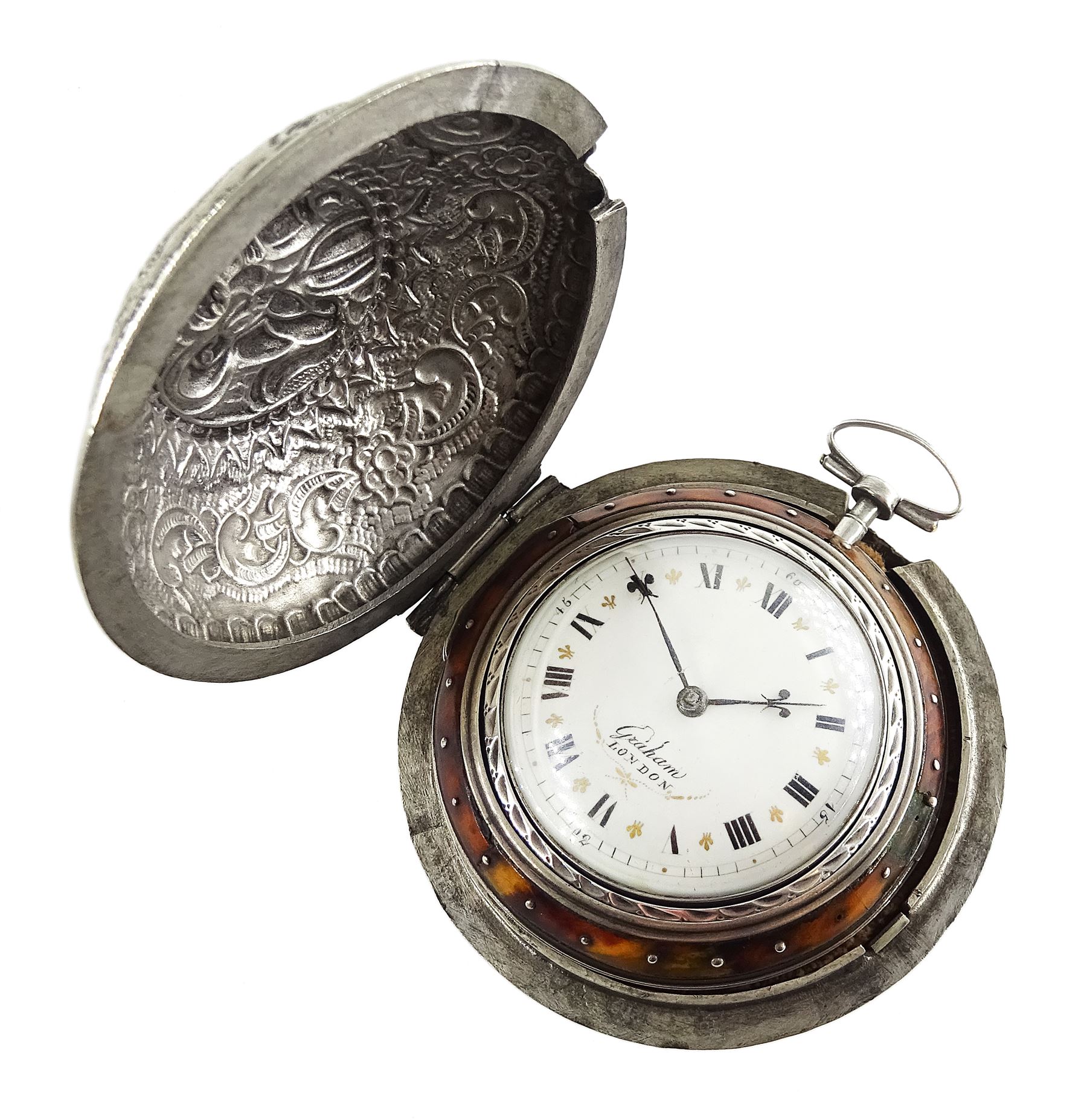 18th century silver and tortoiseshell quadruple cased verge fusee pocket watch by Graham, London, sq