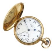 9ct gold full hunter 7 jewels keyless Traveller pocket watch by Waltham U.S.A, No. 23280142, white e