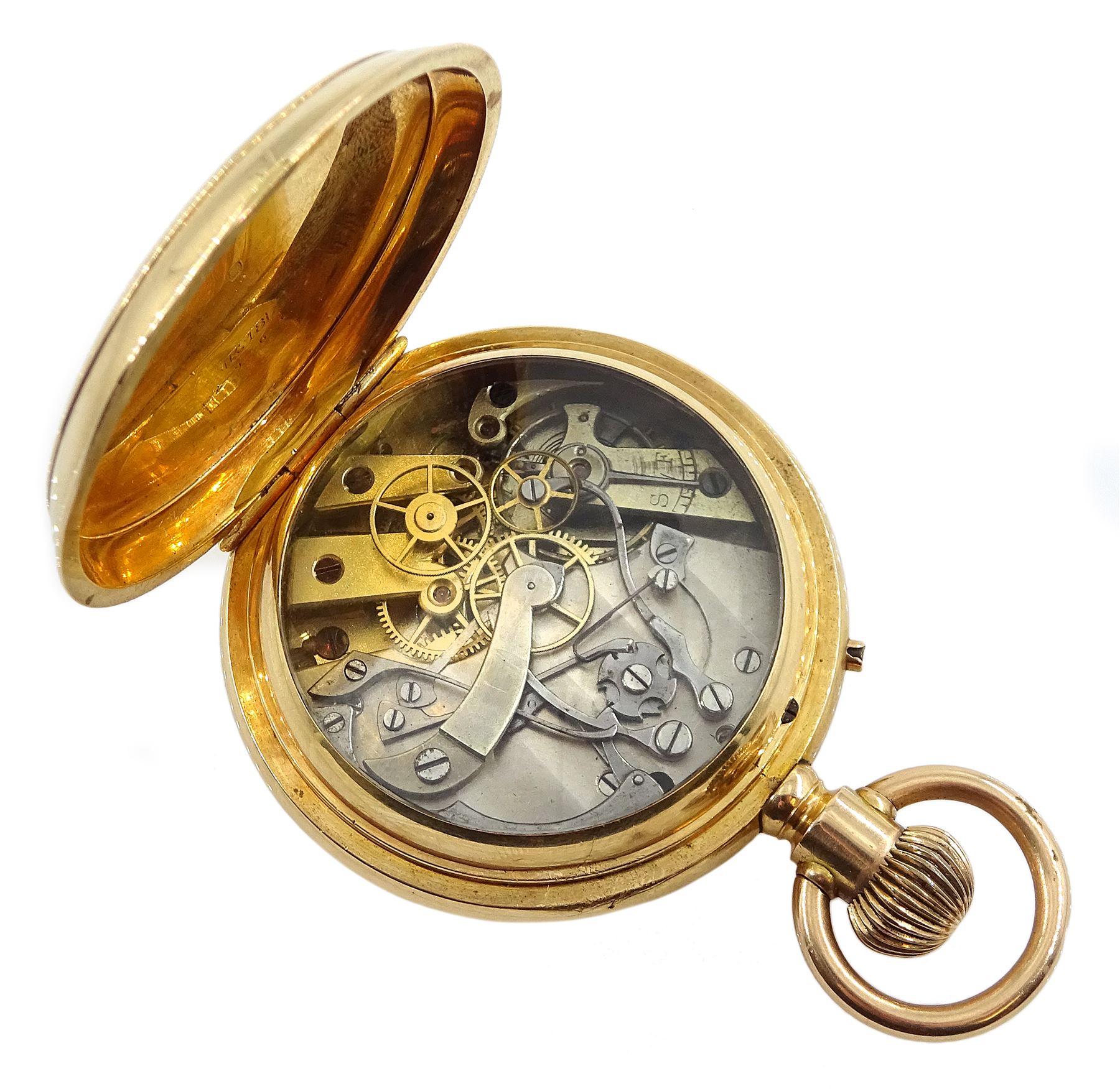 Swiss 18ct gold open face keyless lever chronograph pocket watch, case No. 7967, skeleton dust cover - Image 3 of 4