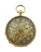 Swiss 18ct gold open face ladies key wound cylinder fob watch, gilt dial with Roman numerals, engine