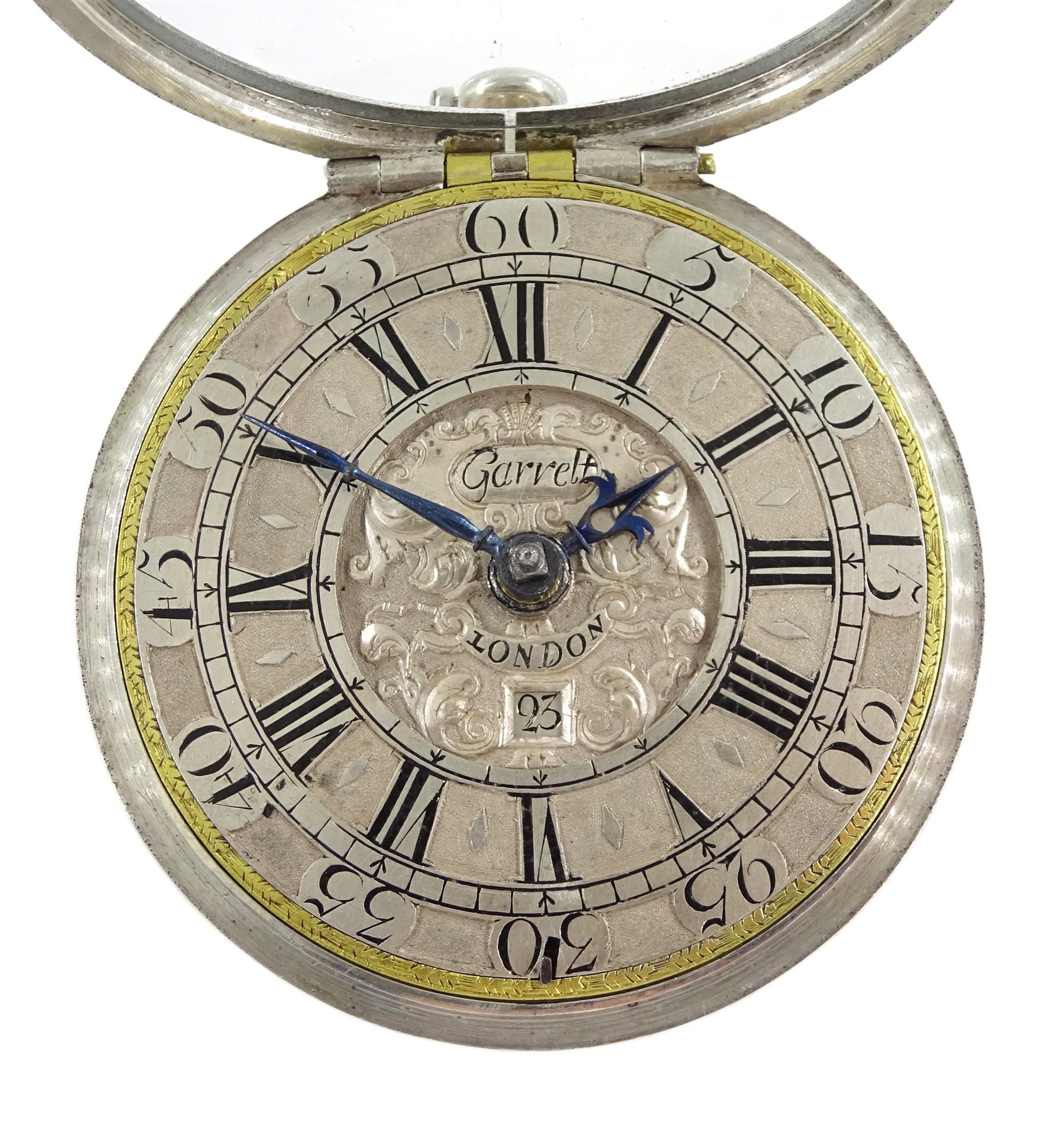 Late 17th/ early 18th century silver pair cased verge fusee pocket watch by Jonathan Garrett - Image 6 of 7