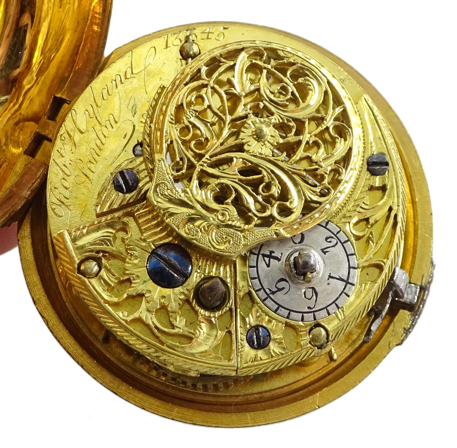 18th century gilt pair cased verge fusee pocket watch by Robert Hyland, London, No. 13345, round bal - Image 6 of 7