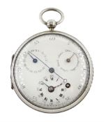 19th century silver open face French verge calendar pocket watch, front wound, white enamel dial wit