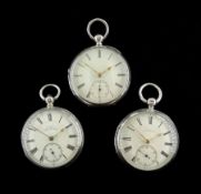 Three Victorian silver open face English lever pocket watches by D.W. Kee, Isle of Man, J & E Rhodes