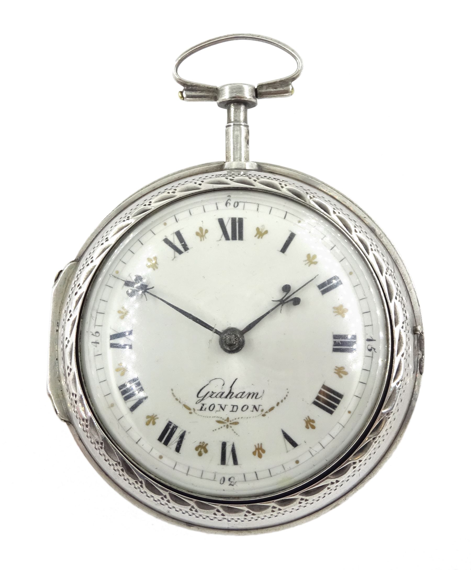 18th century silver and tortoiseshell quadruple cased verge fusee pocket watch by Graham, London, sq - Image 11 of 14