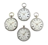 Four Victorian silver open face English lever fusee pocket watches by J.W.Benson, London, Adam Burde