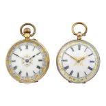 Gold open face ladies keyless cylinder fob watch stamped K14 and one other rose gold open face key w