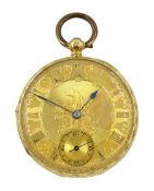 Victorian 18ct gold open face ladies English lever fusee pocket watch No. 1407, gilt dial with Roman
