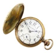 American gold-plated full hunter, 21 jewels keyless pocket watch by Hampden Watch Co, No. 1406468, t