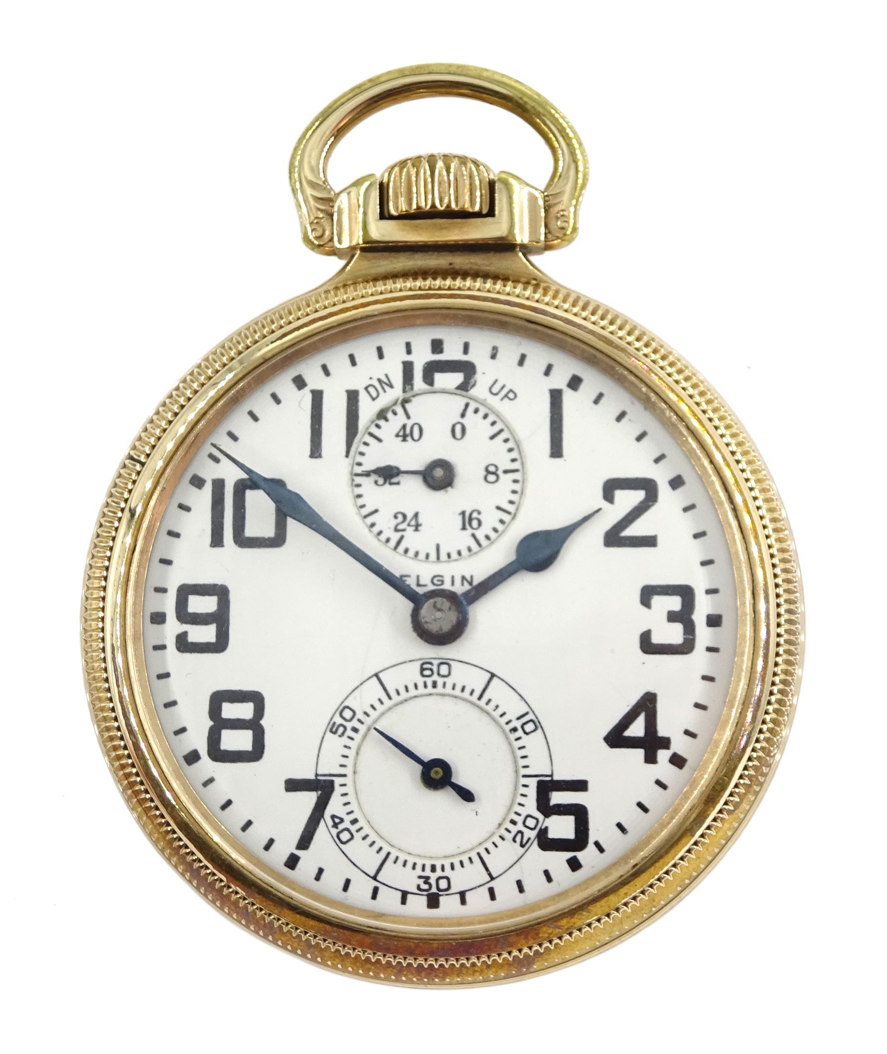 Elgin watch Co gold-plated open face B.W. Raymond 'up & down' keyless 21 jewels