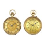 9ct gold open face ladies keyless lever fob watch, London import marks 1912 and one other 9ct rose g