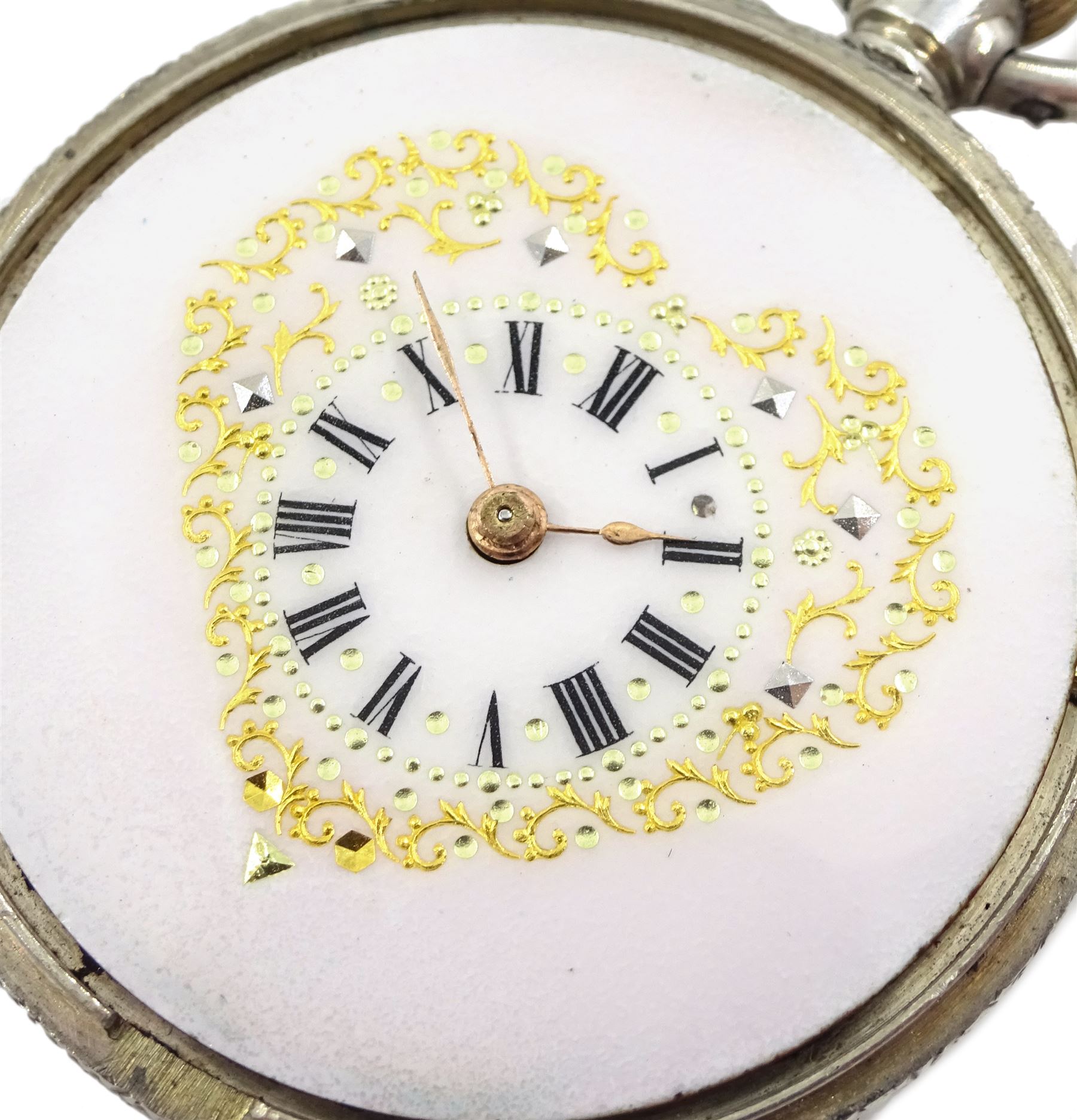 Early 20th century Swiss silver open face keyless cylinder heart shaped fob watch, white enamel dial - Image 3 of 5