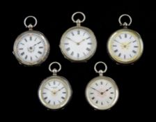 Five 19th/early 20th century Swiss silver open face ladies key wound cylinder fob watches, white ena