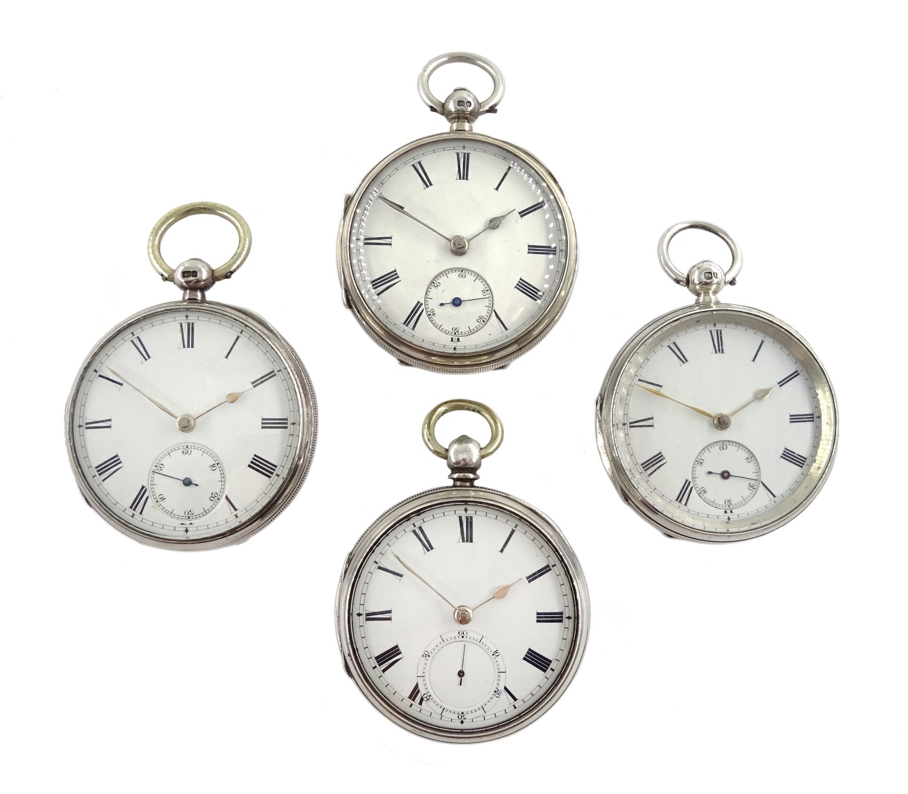 Four 19th/early 20th century silver open face English lever fusee pocket watches, white enamel dials
