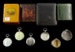 Wooden pocket watch case, three velvet lined cases, three silver pair cases, hallmarked, two Victori