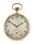 Early 20th century Swiss 9ct gold open face, keyless slimline pocket watch, Poinçon de Maître hammer