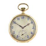 Early 20th century Swiss 9ct gold open face, keyless slimline pocket watch, Poinçon de Maître hammer